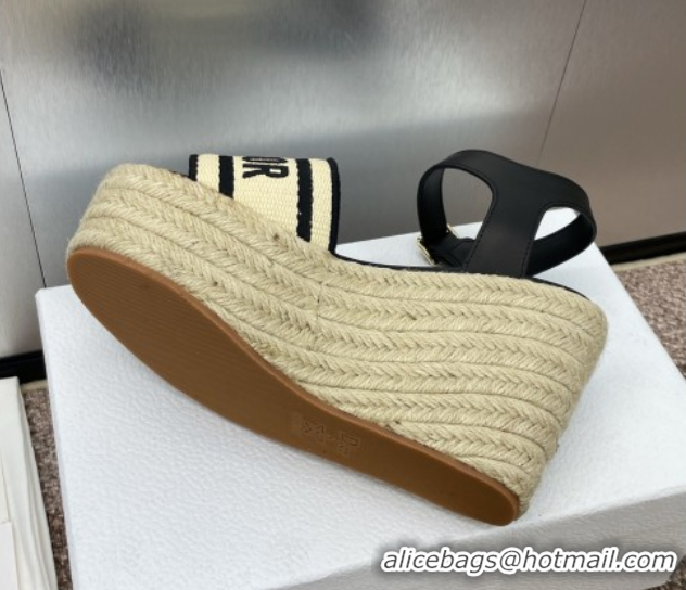 Low Cost Dior Dway Wedge Sandals 10cm in Calfskin, Raffia Straw and Embroidered Cotton Beige/Black 0605021
