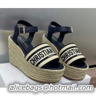 Good Looking Dior Dway Wedge Sandals 10cm in Calfskin, Raffia Straw and Embroidered Cotton Beige/Blue 0605022