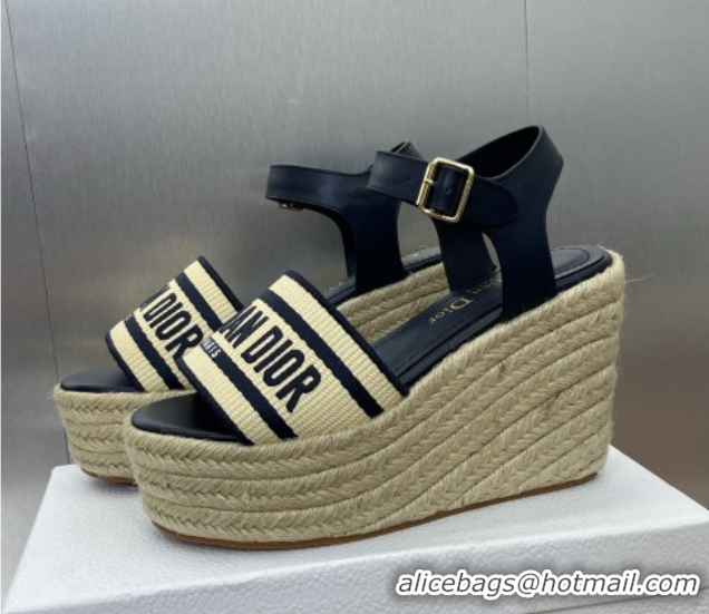 Good Looking Dior Dway Wedge Sandals 10cm in Calfskin, Raffia Straw and Embroidered Cotton Beige/Blue 0605022