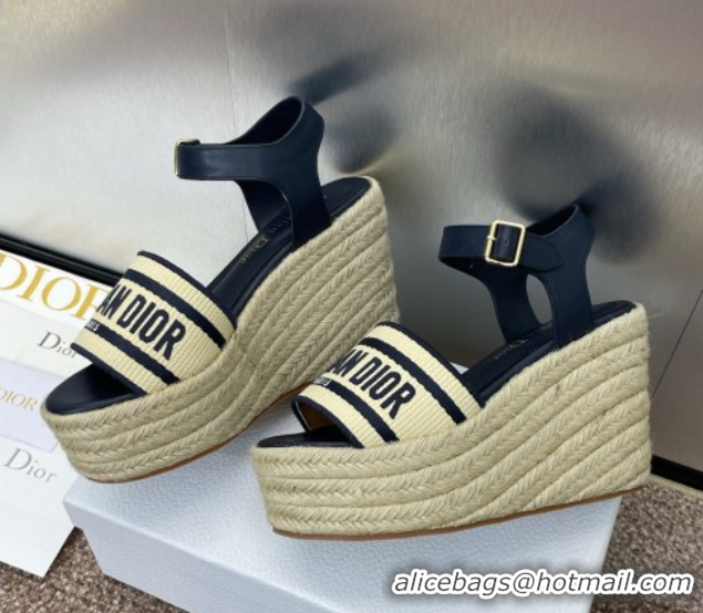 Good Looking Dior Dway Wedge Sandals 10cm in Calfskin, Raffia Straw and Embroidered Cotton Beige/Blue 0605022