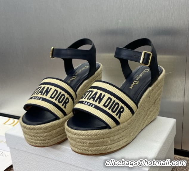 Good Looking Dior Dway Wedge Sandals 10cm in Calfskin, Raffia Straw and Embroidered Cotton Beige/Blue 0605022