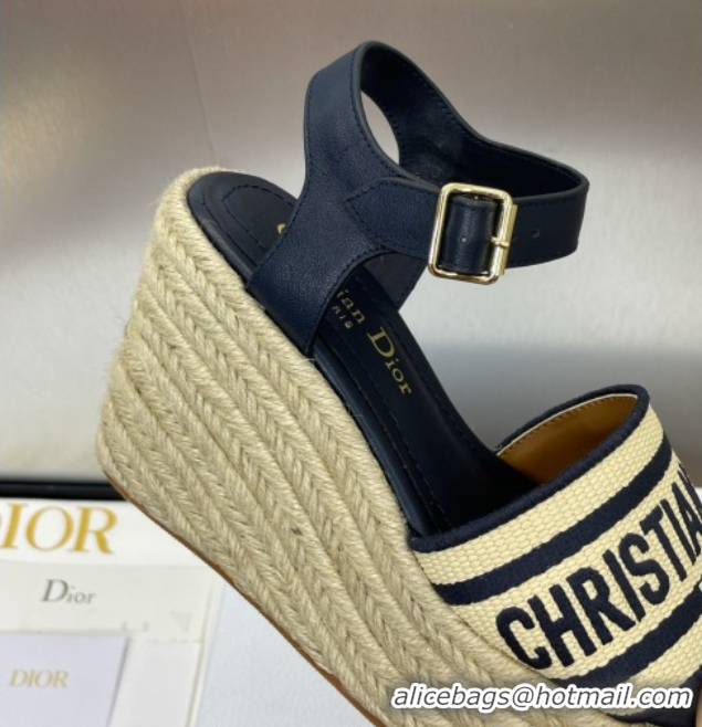Good Looking Dior Dway Wedge Sandals 10cm in Calfskin, Raffia Straw and Embroidered Cotton Beige/Blue 0605022