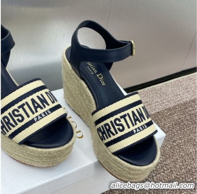 Good Looking Dior Dway Wedge Sandals 10cm in Calfskin, Raffia Straw and Embroidered Cotton Beige/Blue 0605022