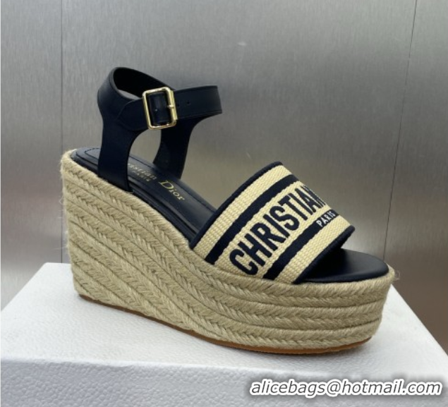 Good Looking Dior Dway Wedge Sandals 10cm in Calfskin, Raffia Straw and Embroidered Cotton Beige/Blue 0605022
