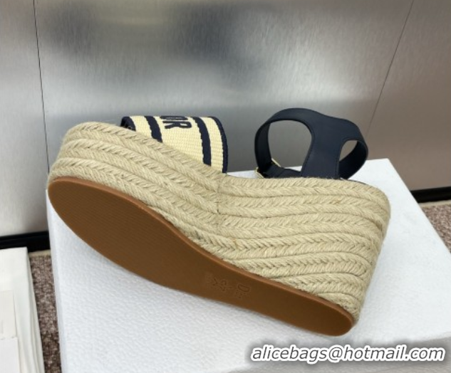 Good Looking Dior Dway Wedge Sandals 10cm in Calfskin, Raffia Straw and Embroidered Cotton Beige/Blue 0605022