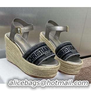 Shop Cheap Dior Dway Wedge Sandals 10cm in Calfskin and Embroidered Cotton Silver Grey 0605023