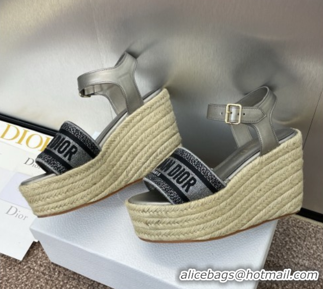 Shop Cheap Dior Dway Wedge Sandals 10cm in Calfskin and Embroidered Cotton Silver Grey 0605023