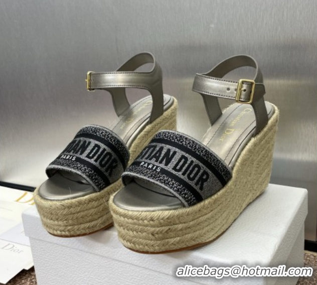 Shop Cheap Dior Dway Wedge Sandals 10cm in Calfskin and Embroidered Cotton Silver Grey 0605023