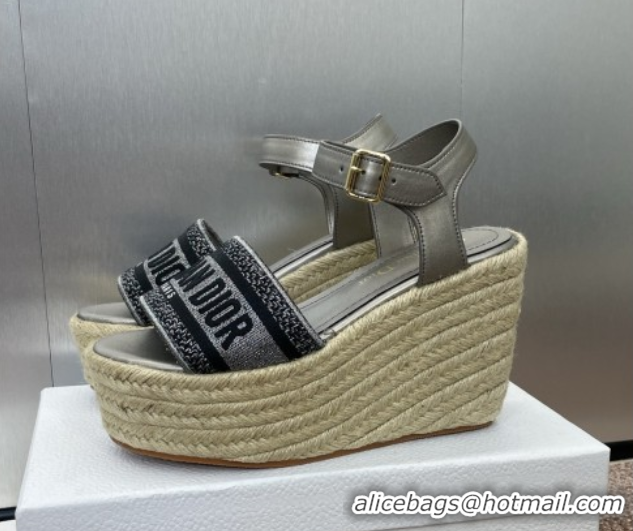 Shop Cheap Dior Dway Wedge Sandals 10cm in Calfskin and Embroidered Cotton Silver Grey 0605023