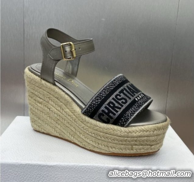 Shop Cheap Dior Dway Wedge Sandals 10cm in Calfskin and Embroidered Cotton Silver Grey 0605023