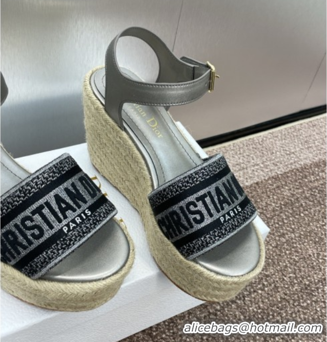 Shop Cheap Dior Dway Wedge Sandals 10cm in Calfskin and Embroidered Cotton Silver Grey 0605023