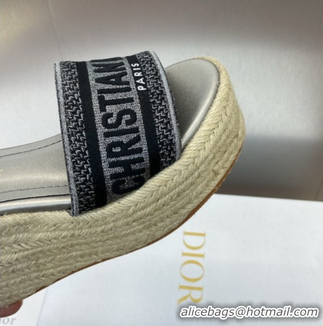 Shop Cheap Dior Dway Wedge Sandals 10cm in Calfskin and Embroidered Cotton Silver Grey 0605023