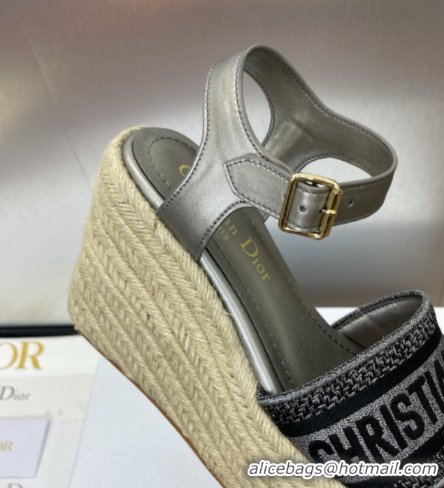 Shop Cheap Dior Dway Wedge Sandals 10cm in Calfskin and Embroidered Cotton Silver Grey 0605023