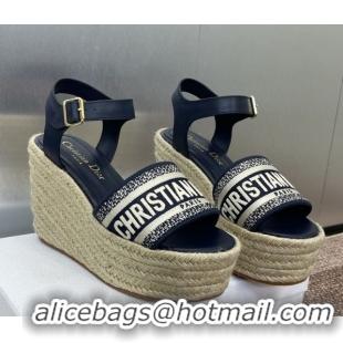 Classic Hot Dior Dway Wedge Sandals 10cm in Calfskin and Embroidered Cotton Deep Blue 0605024