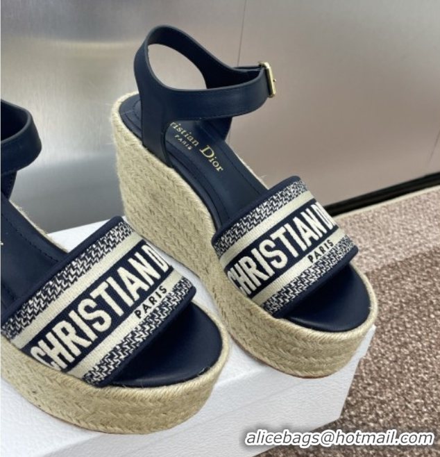Classic Hot Dior Dway Wedge Sandals 10cm in Calfskin and Embroidered Cotton Deep Blue 0605024