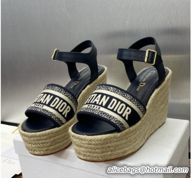 Classic Hot Dior Dway Wedge Sandals 10cm in Calfskin and Embroidered Cotton Deep Blue 0605024