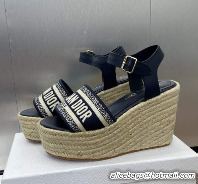Classic Hot Dior Dway Wedge Sandals 10cm in Calfskin and Embroidered Cotton Deep Blue 0605024