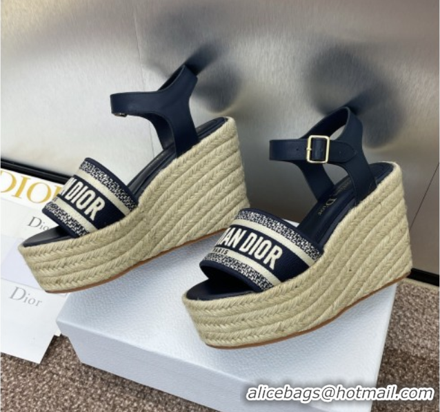Classic Hot Dior Dway Wedge Sandals 10cm in Calfskin and Embroidered Cotton Deep Blue 0605024