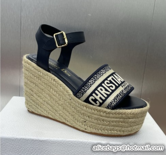 Classic Hot Dior Dway Wedge Sandals 10cm in Calfskin and Embroidered Cotton Deep Blue 0605024