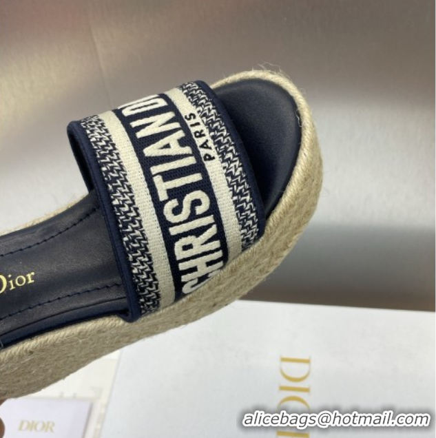Classic Hot Dior Dway Wedge Sandals 10cm in Calfskin and Embroidered Cotton Deep Blue 0605024