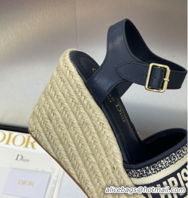 Classic Hot Dior Dway Wedge Sandals 10cm in Calfskin and Embroidered Cotton Deep Blue 0605024