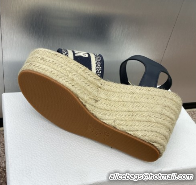 Classic Hot Dior Dway Wedge Sandals 10cm in Calfskin and Embroidered Cotton Deep Blue 0605024