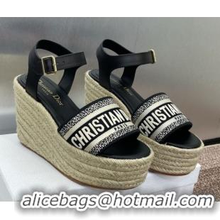 Best Product Dior Dway Wedge Sandals 10cm in Calfskin and Embroidered Cotton Black 0605025