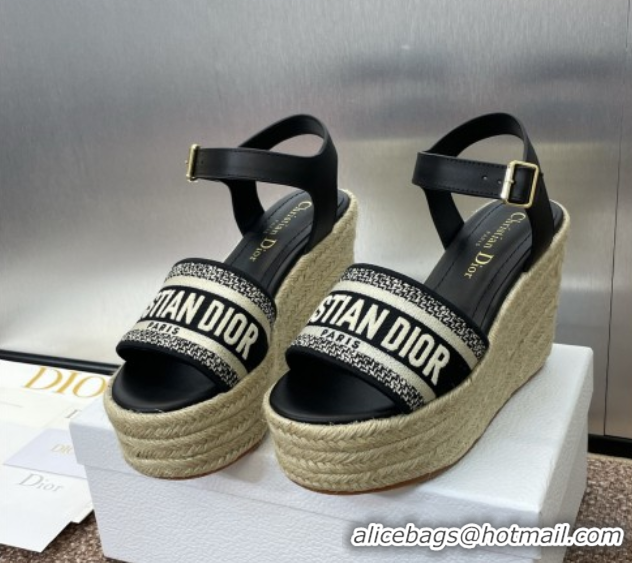 Best Product Dior Dway Wedge Sandals 10cm in Calfskin and Embroidered Cotton Black 0605025