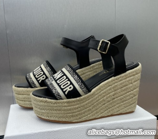 Best Product Dior Dway Wedge Sandals 10cm in Calfskin and Embroidered Cotton Black 0605025