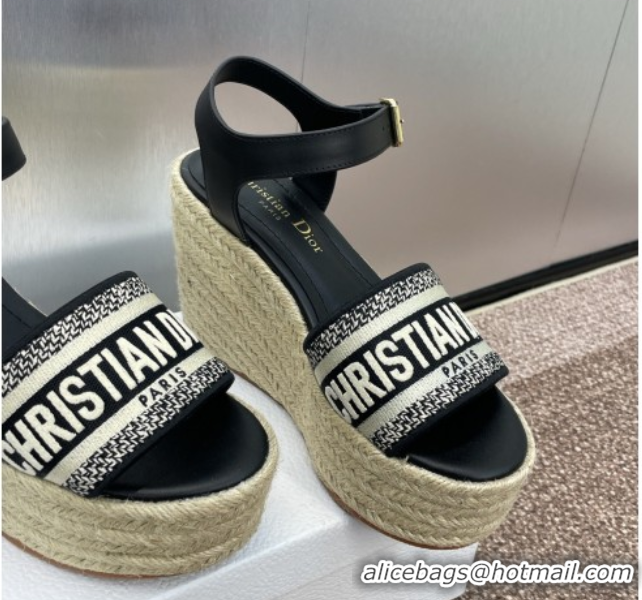 Best Product Dior Dway Wedge Sandals 10cm in Calfskin and Embroidered Cotton Black 0605025