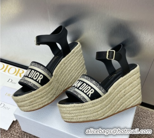 Best Product Dior Dway Wedge Sandals 10cm in Calfskin and Embroidered Cotton Black 0605025