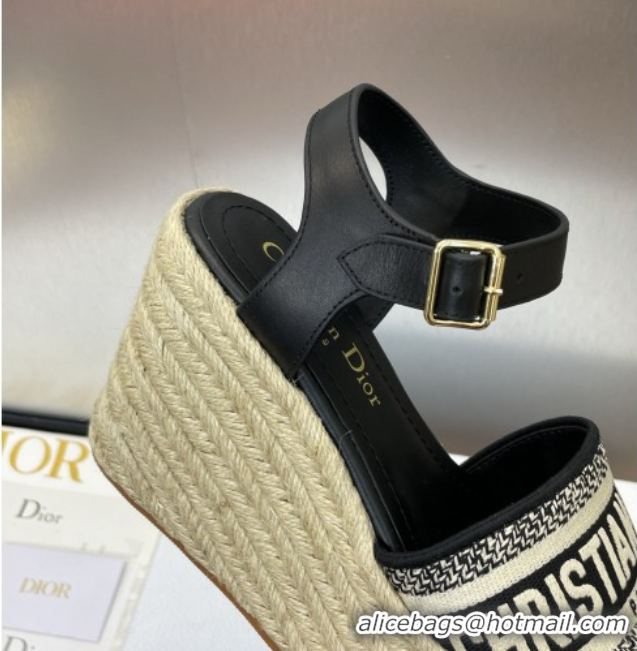 Best Product Dior Dway Wedge Sandals 10cm in Calfskin and Embroidered Cotton Black 0605025