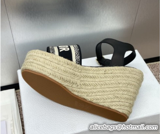 Best Product Dior Dway Wedge Sandals 10cm in Calfskin and Embroidered Cotton Black 0605025