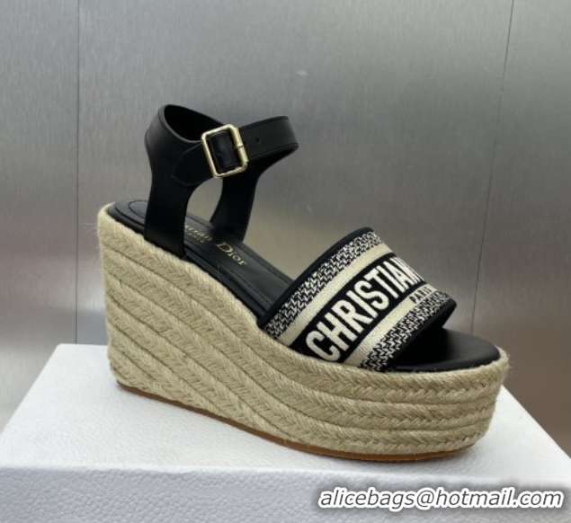 Best Product Dior Dway Wedge Sandals 10cm in Calfskin and Embroidered Cotton Black 0605025