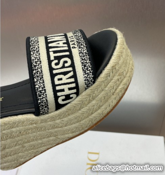 Best Product Dior Dway Wedge Sandals 10cm in Calfskin and Embroidered Cotton Black 0605025