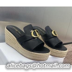Good Quality Dior 30 Montaigne Wedge Slides Sandal 7cm in Calfskin Leather Black 0605028