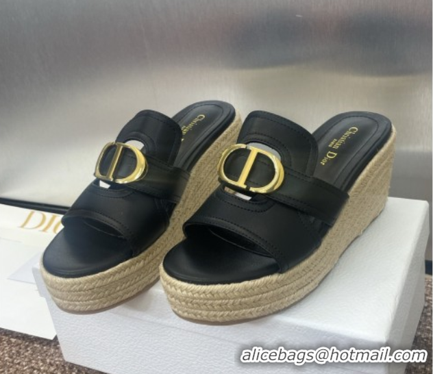 Good Quality Dior 30 Montaigne Wedge Slides Sandal 7cm in Calfskin Leather Black 0605028