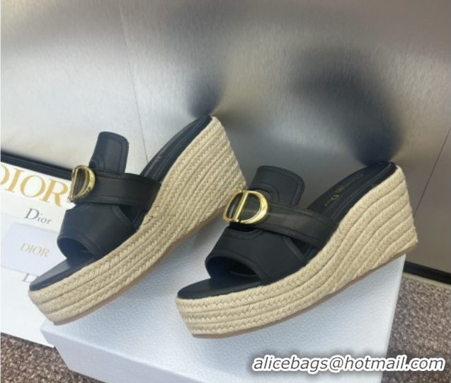 Good Quality Dior 30 Montaigne Wedge Slides Sandal 7cm in Calfskin Leather Black 0605028