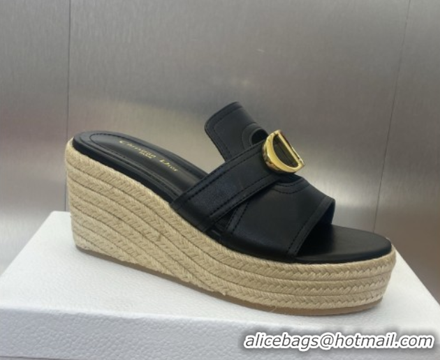Good Quality Dior 30 Montaigne Wedge Slides Sandal 7cm in Calfskin Leather Black 0605028