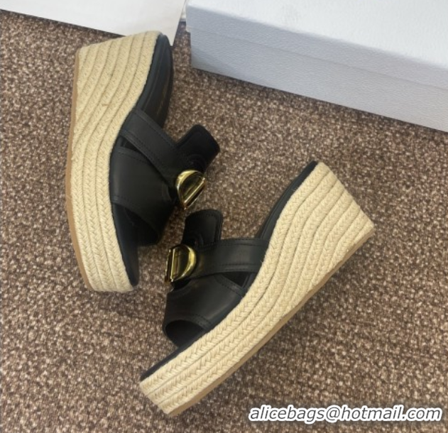 Good Quality Dior 30 Montaigne Wedge Slides Sandal 7cm in Calfskin Leather Black 0605028