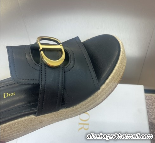 Good Quality Dior 30 Montaigne Wedge Slides Sandal 7cm in Calfskin Leather Black 0605028