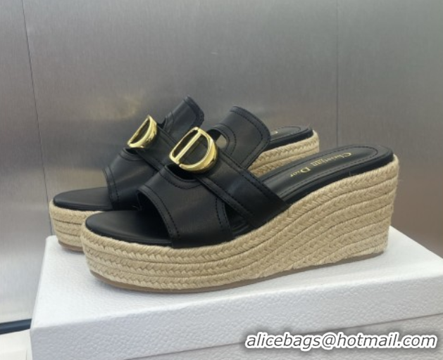 Good Quality Dior 30 Montaigne Wedge Slides Sandal 7cm in Calfskin Leather Black 0605028