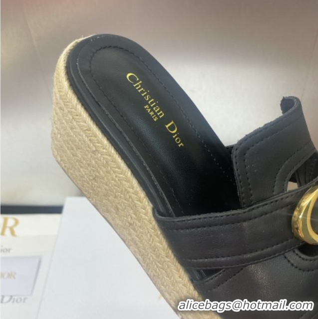 Good Quality Dior 30 Montaigne Wedge Slides Sandal 7cm in Calfskin Leather Black 0605028