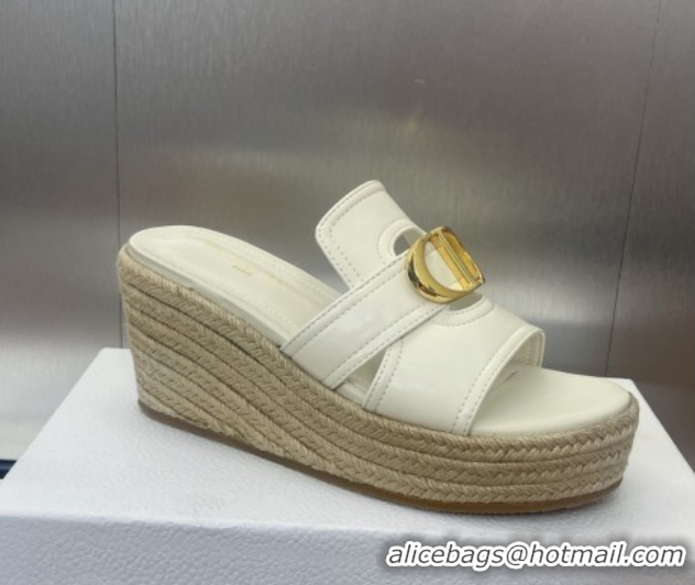 Top Design Dior 30 Montaigne Wedge Slides Sandal 7cm in Calfskin Leather White 0605029