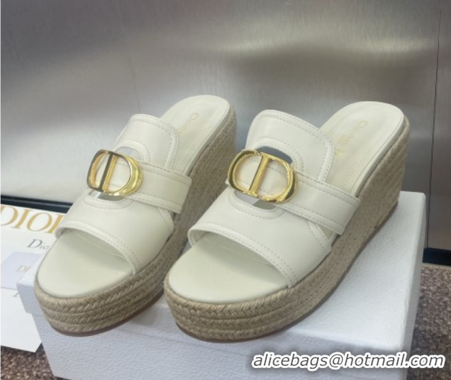 Top Design Dior 30 Montaigne Wedge Slides Sandal 7cm in Calfskin Leather White 0605029