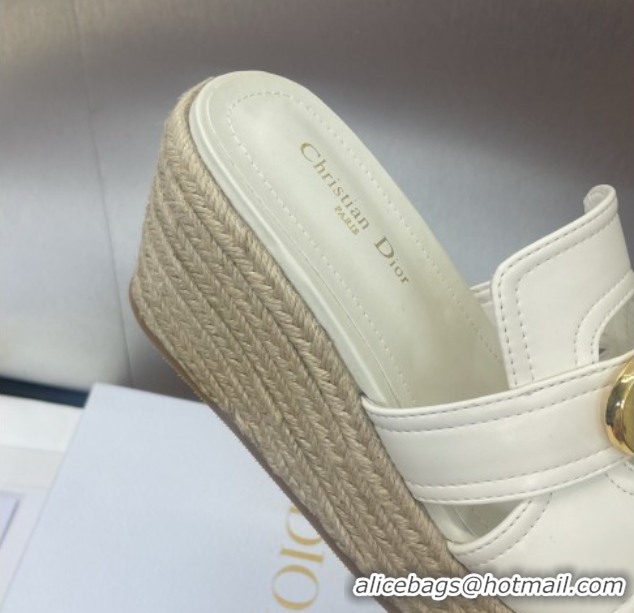 Top Design Dior 30 Montaigne Wedge Slides Sandal 7cm in Calfskin Leather White 0605029