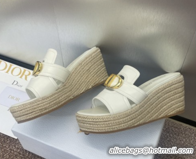 Top Design Dior 30 Montaigne Wedge Slides Sandal 7cm in Calfskin Leather White 0605029