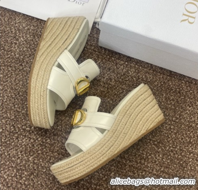 Top Design Dior 30 Montaigne Wedge Slides Sandal 7cm in Calfskin Leather White 0605029