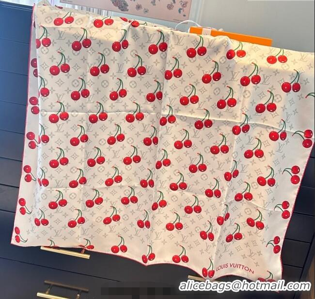 Top Quality Louis Vuitton LV x TM Cherry Cerise Silk Square Scarf 90x90cm L7050 White 2025