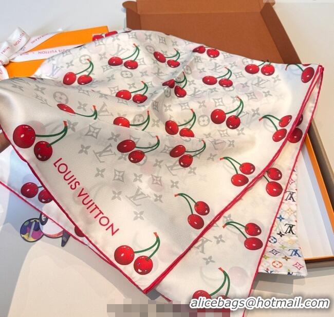 Top Quality Louis Vuitton LV x TM Cherry Cerise Silk Square Scarf 90x90cm L7050 White 2025